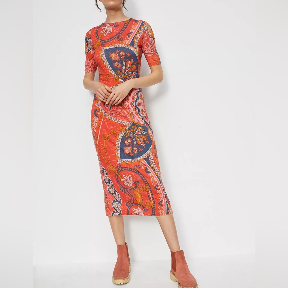 Anthropologie/Farm Rio Giannina Knit Midi Dress Stretch Paisley Floral Orange S